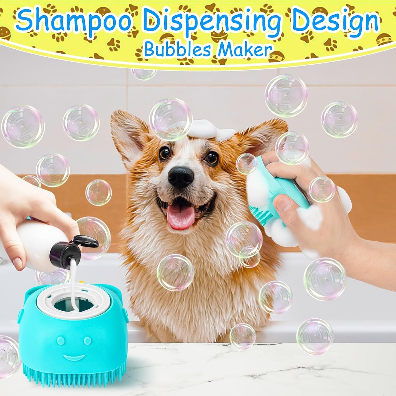 3PCS Dog Bath Brush with 4Pcs Toothbrush, Scrubber and Shampoo Brush with Adjustable Ring Handle, Shower Brush for Long and Short Hair