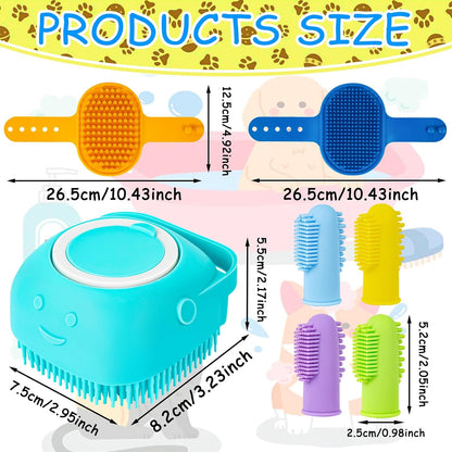 3PCS Dog Bath Brush with 4Pcs Toothbrush, Scrubber and Shampoo Brush with Adjustable Ring Handle, Shower Brush for Long and Short Hair