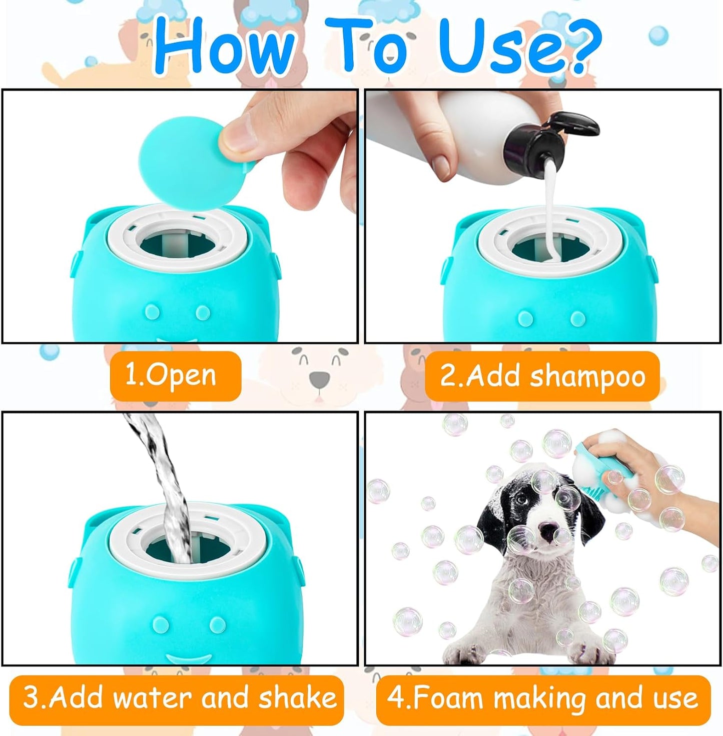 3PCS Dog Bath Brush with 4Pcs Toothbrush, Scrubber and Shampoo Brush with Adjustable Ring Handle, Shower Brush for Long and Short Hair