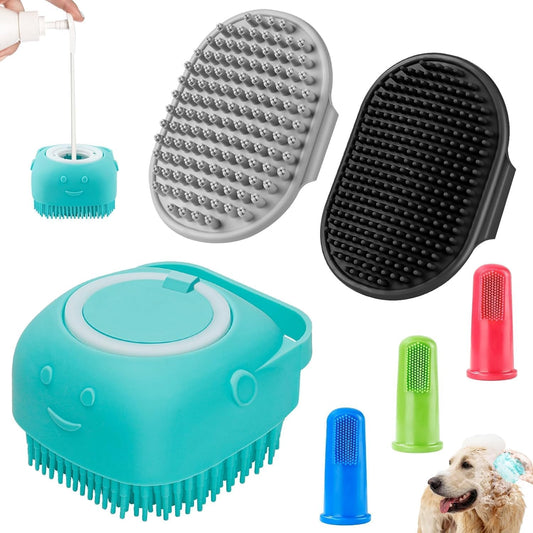 6PCS Dog Bath Brush & Dog Toothbrush | Adjustable Handle Shampoo Brush & Scrubber for Short & Long Haired Dogs & Cats | Effectively Solve Odor & Stain Removal Problems (Black Gray Blue)