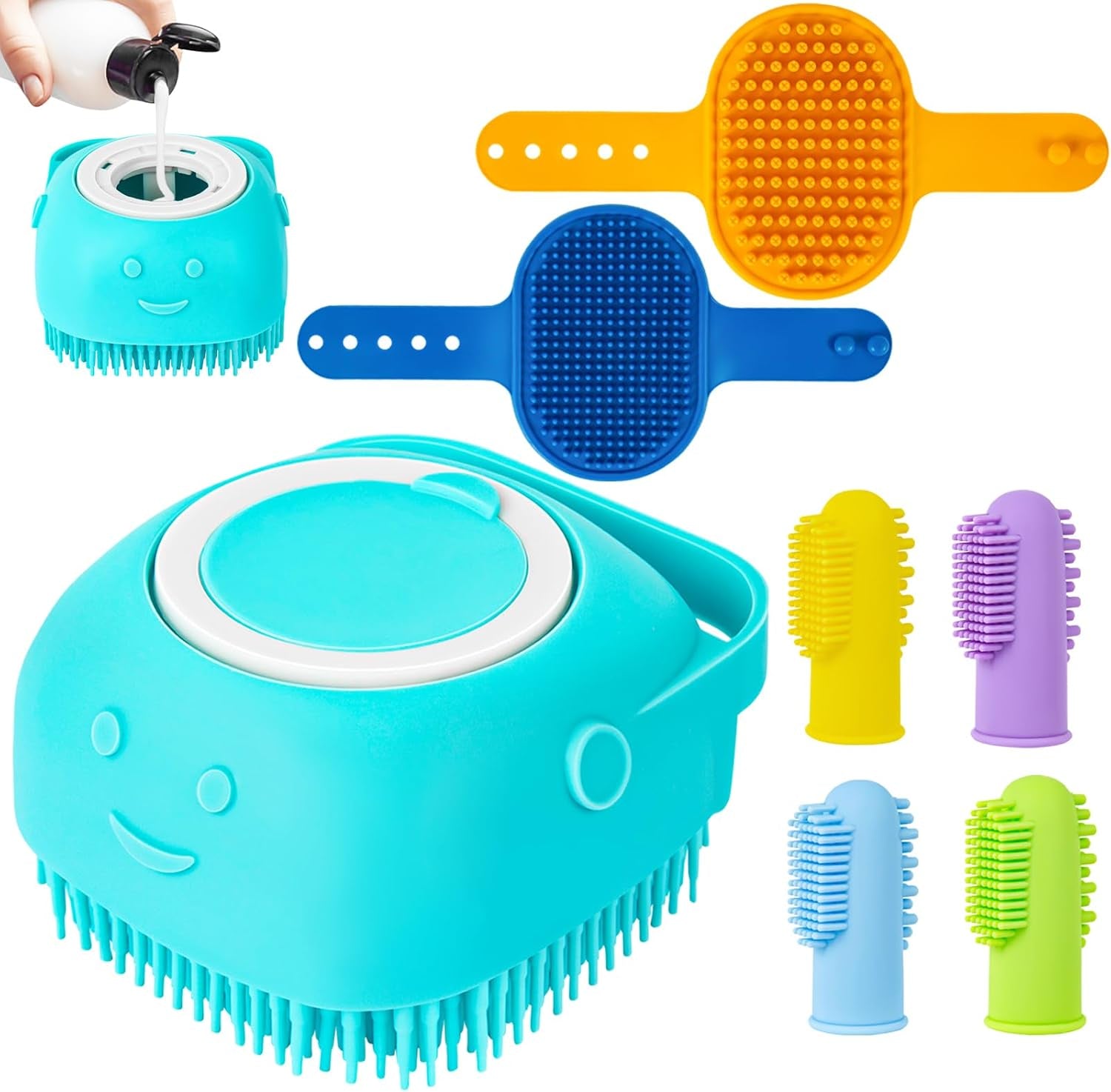 3PCS Dog Bath Brush with 4Pcs Toothbrush, Scrubber and Shampoo Brush with Adjustable Ring Handle, Shower Brush for Long and Short Hair