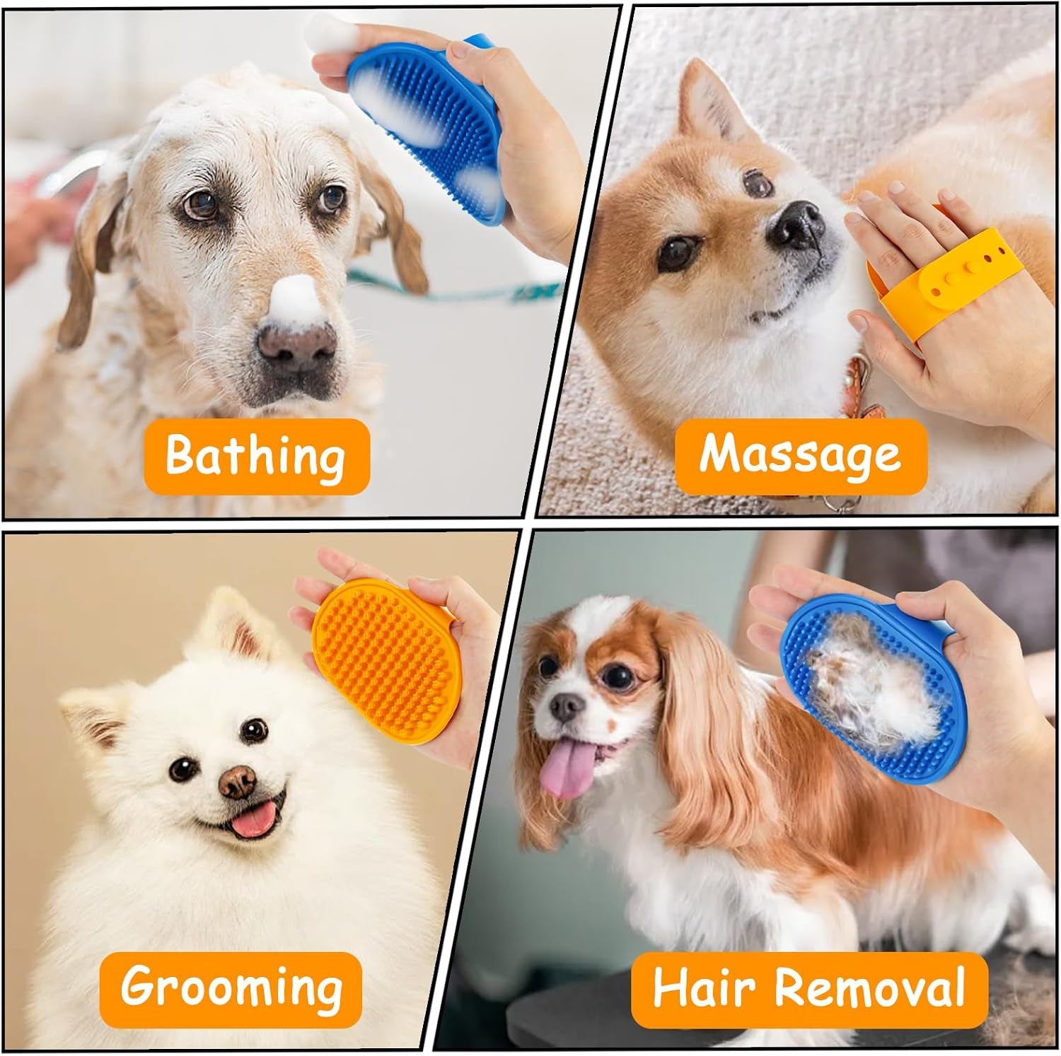3PCS Dog Bath Brush with 4Pcs Toothbrush, Scrubber and Shampoo Brush with Adjustable Ring Handle, Shower Brush for Long and Short Hair