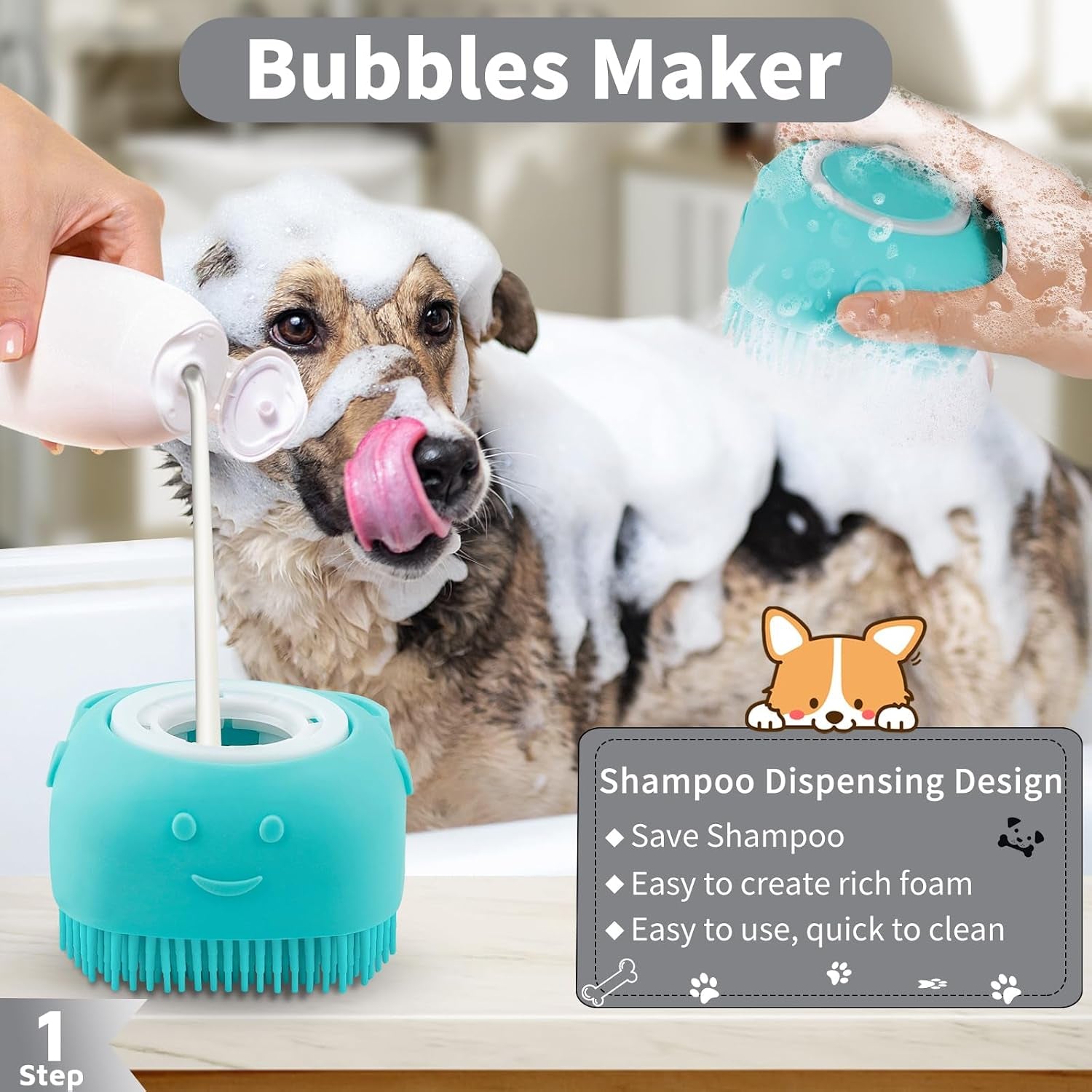 6PCS Dog Bath Brush & Dog Toothbrush | Adjustable Handle Shampoo Brush & Scrubber for Short & Long Haired Dogs & Cats | Effectively Solve Odor & Stain Removal Problems (Black Gray Blue)