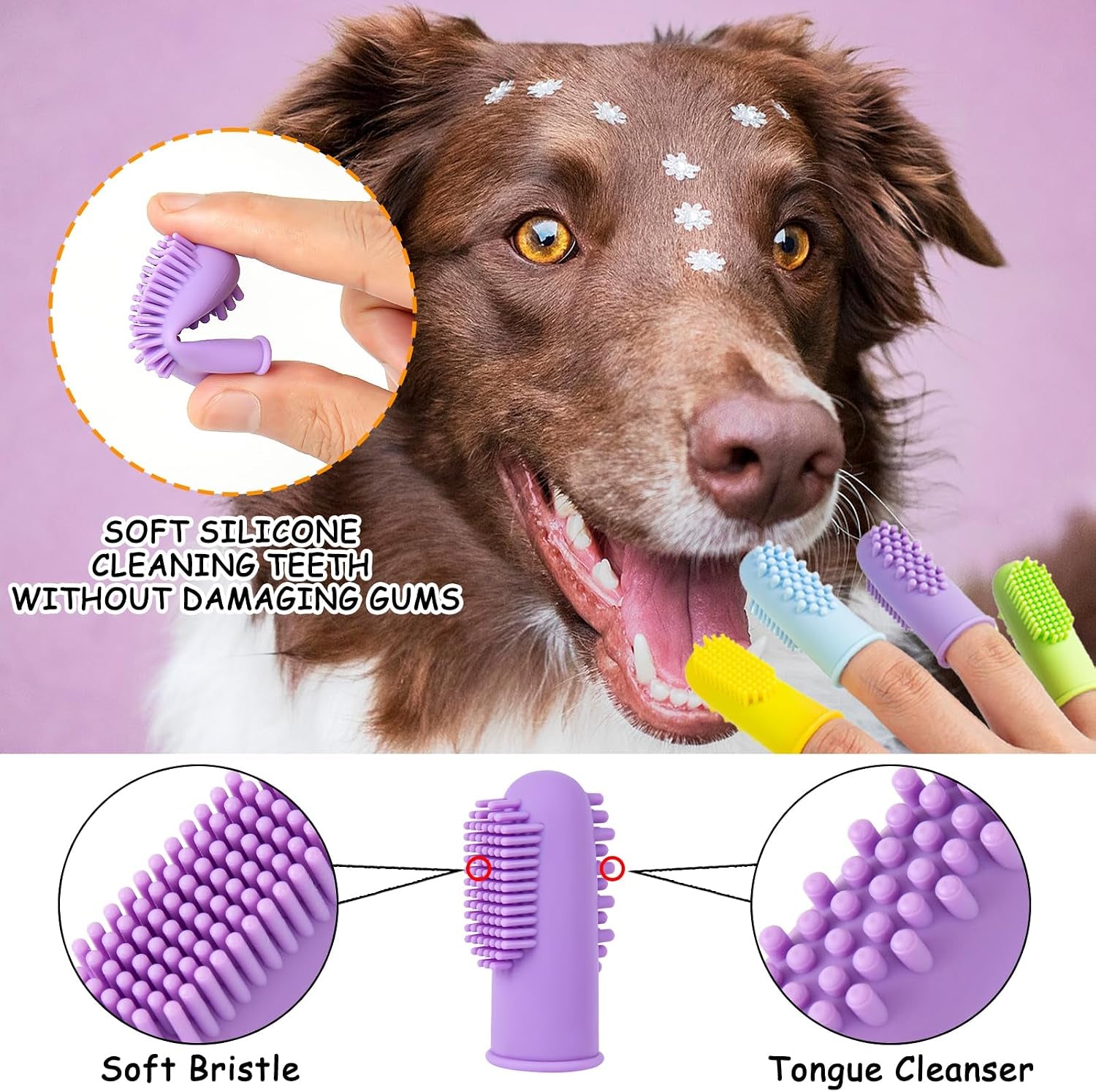 3PCS Dog Bath Brush with 4Pcs Toothbrush, Scrubber and Shampoo Brush with Adjustable Ring Handle, Shower Brush for Long and Short Hair